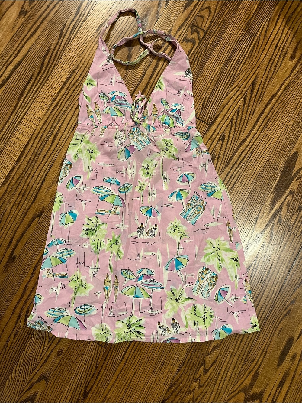 Pink Halter Mini Dress with Beach Print